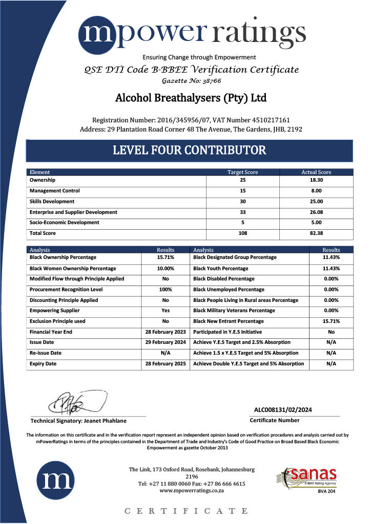 Alcohol Breathalysers Pty Ltd BBBEE - Level Four Contributor