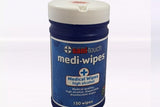 Medi-Wipes containing 80% Ethanol - 150 wipes in a cannister.  EN14776 Certified to kill Covid-19  Medical Grade SABS490 and SABS1853 Approved.  Ready to use on hands, gloves and surfaces as an instant medical sanitizing wipe. Wipe and rub - do not wash off.  Active Ingredients: Ethanol 80%, Benzalkonium Chloride 0.2% pH 6-8  NCRS Registration Number: Act5GNR529/288592/090/0782 Type 1